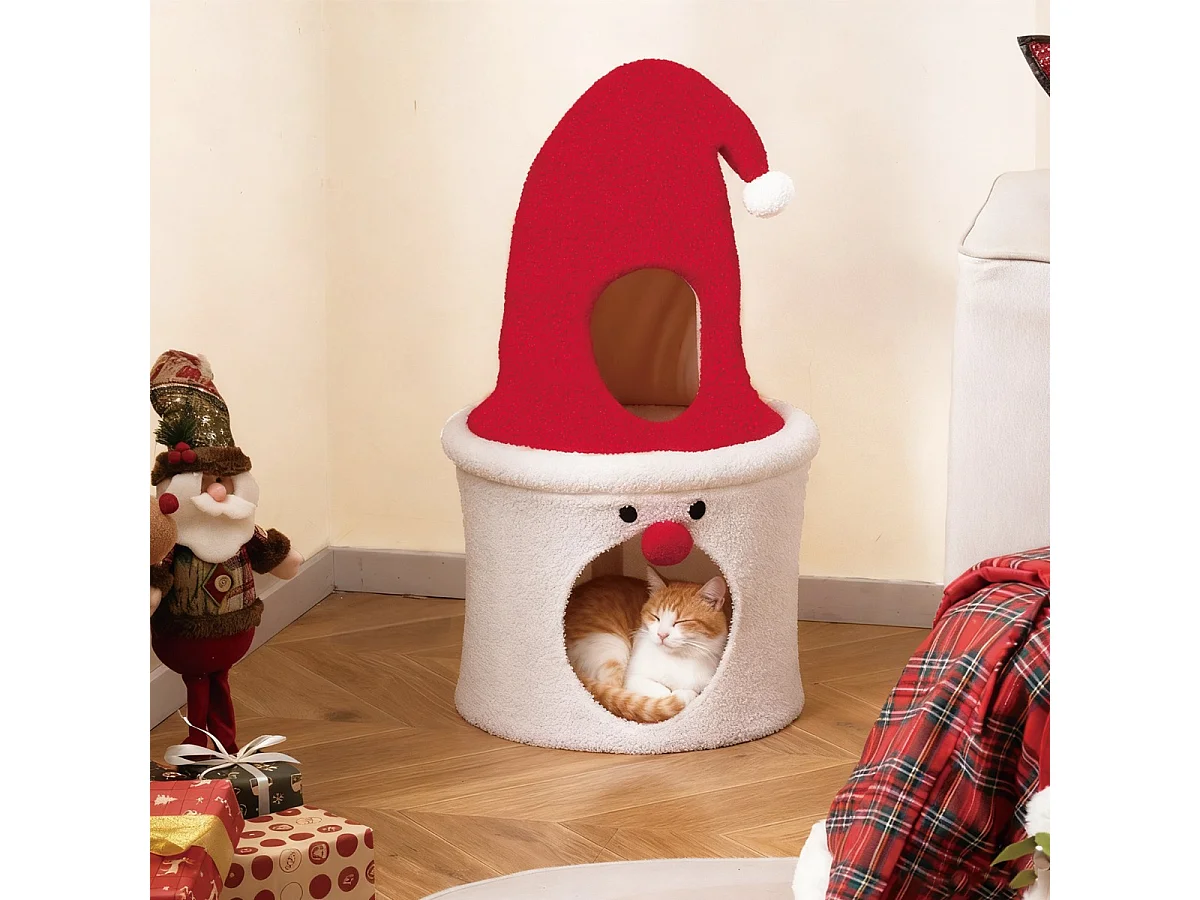 Weihnachts-Kratzbaum mit Schlafplatz 75 cm moderner süßer Katzenturm mit gepolsterter oberer Liegefläche Rot