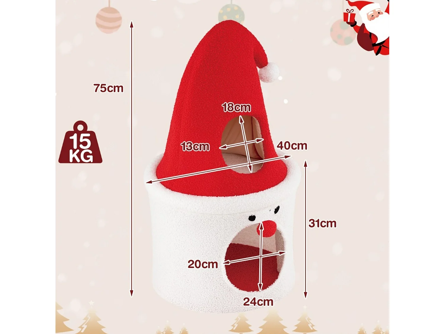 Weihnachts-Kratzbaum mit Schlafplatz 75 cm moderner süßer Katzenturm mit gepolsterter oberer Liegefläche Rot