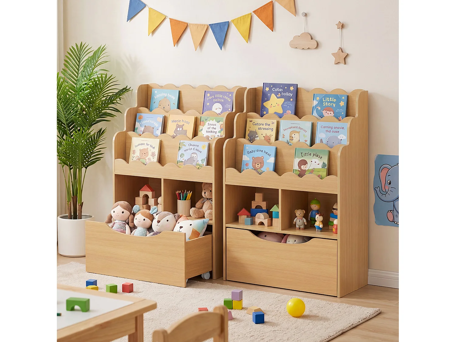 Kinderregal für Bücher und Spielzeug mit einer ausziehbaren Schublade auf Rollen