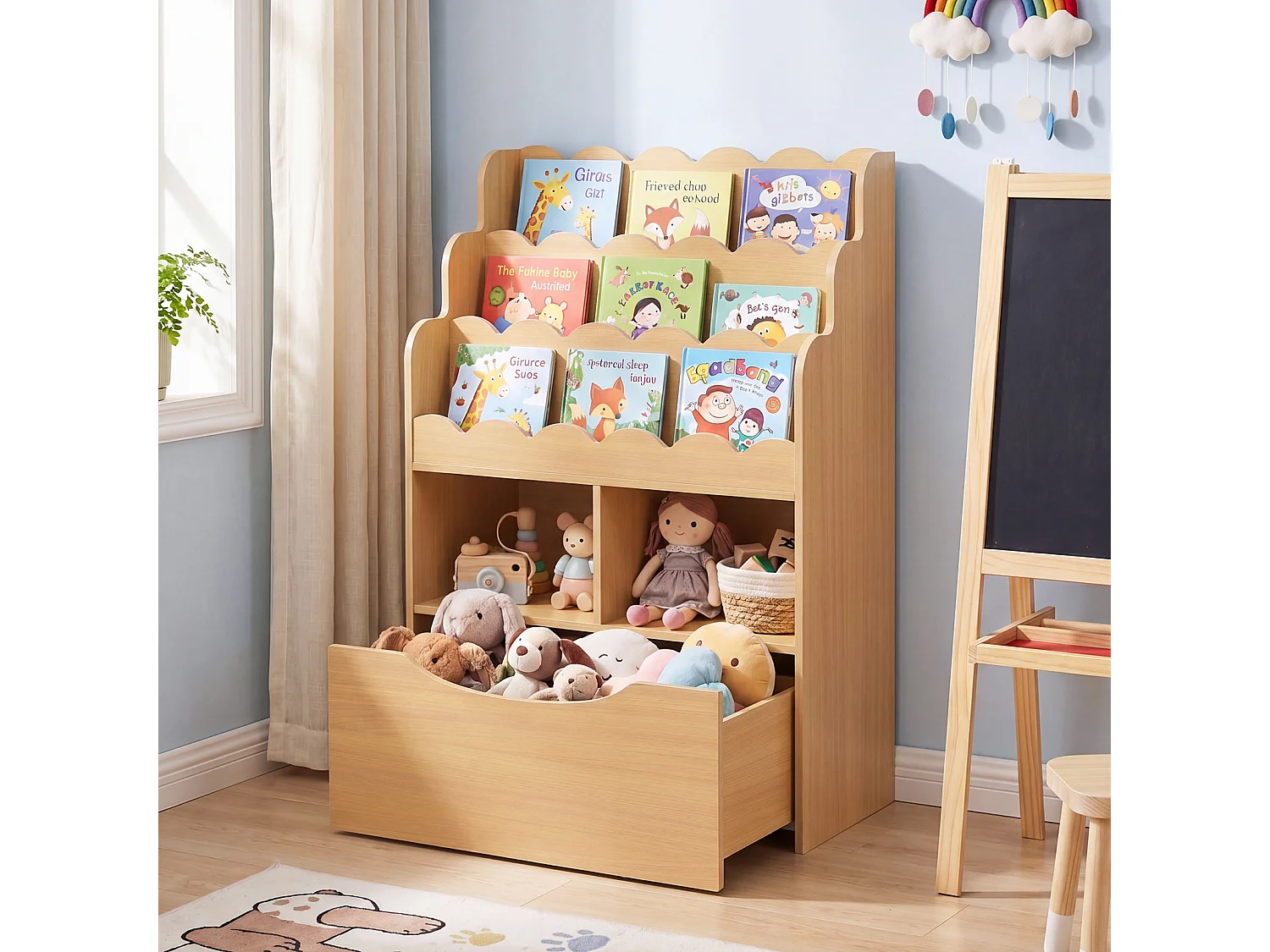Kinderregal für Bücher und Spielzeug mit einer ausziehbaren Schublade auf Rollen
