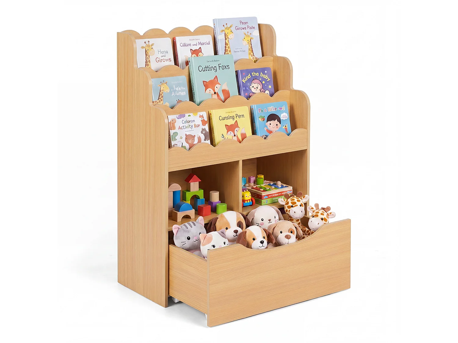 Kinderregal für Bücher und Spielzeug mit einer ausziehbaren Schublade auf Rollen