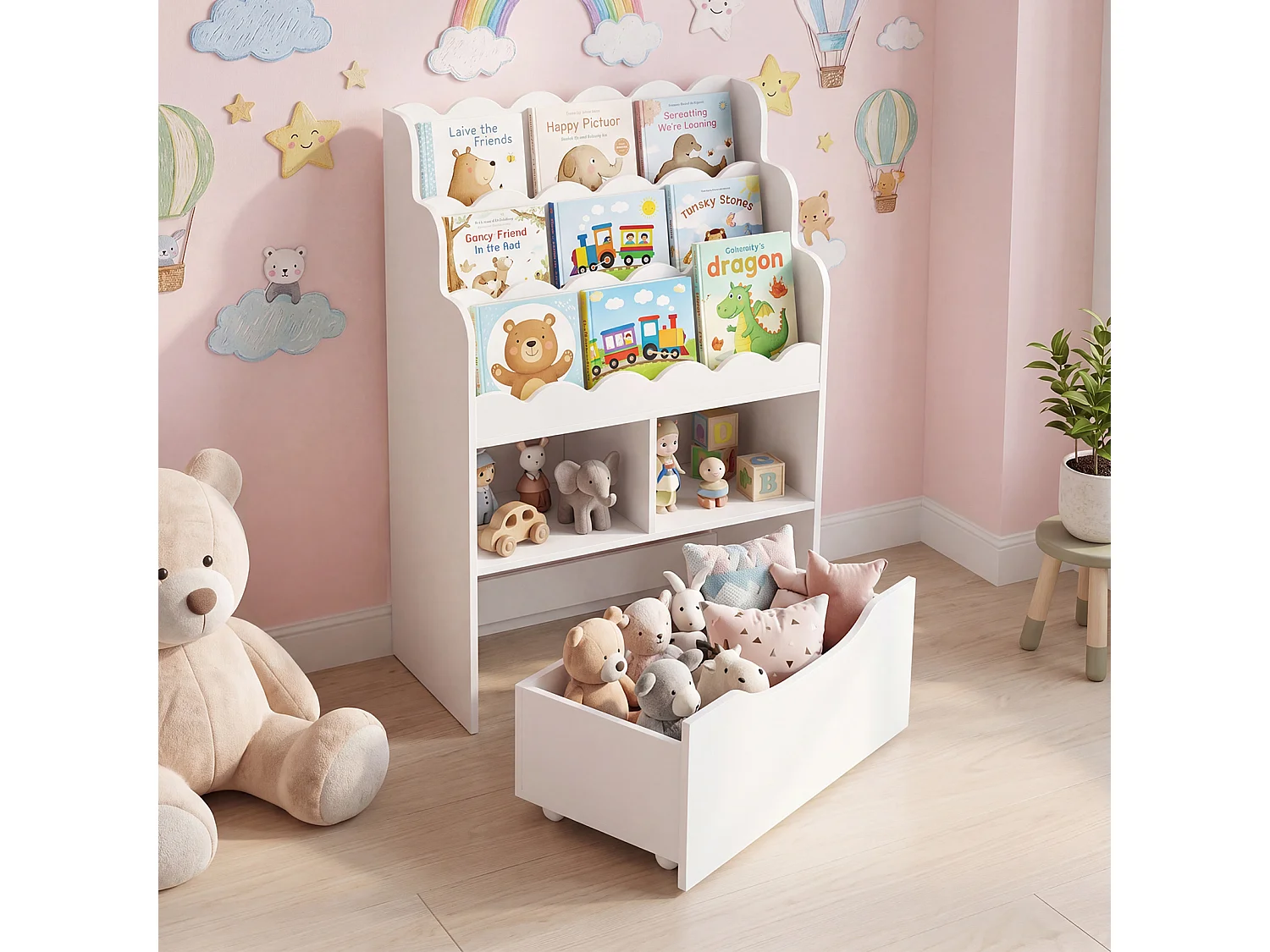 Kinderregal für Bücher und Spielzeug mit einer ausziehbaren Schublade auf Rollen