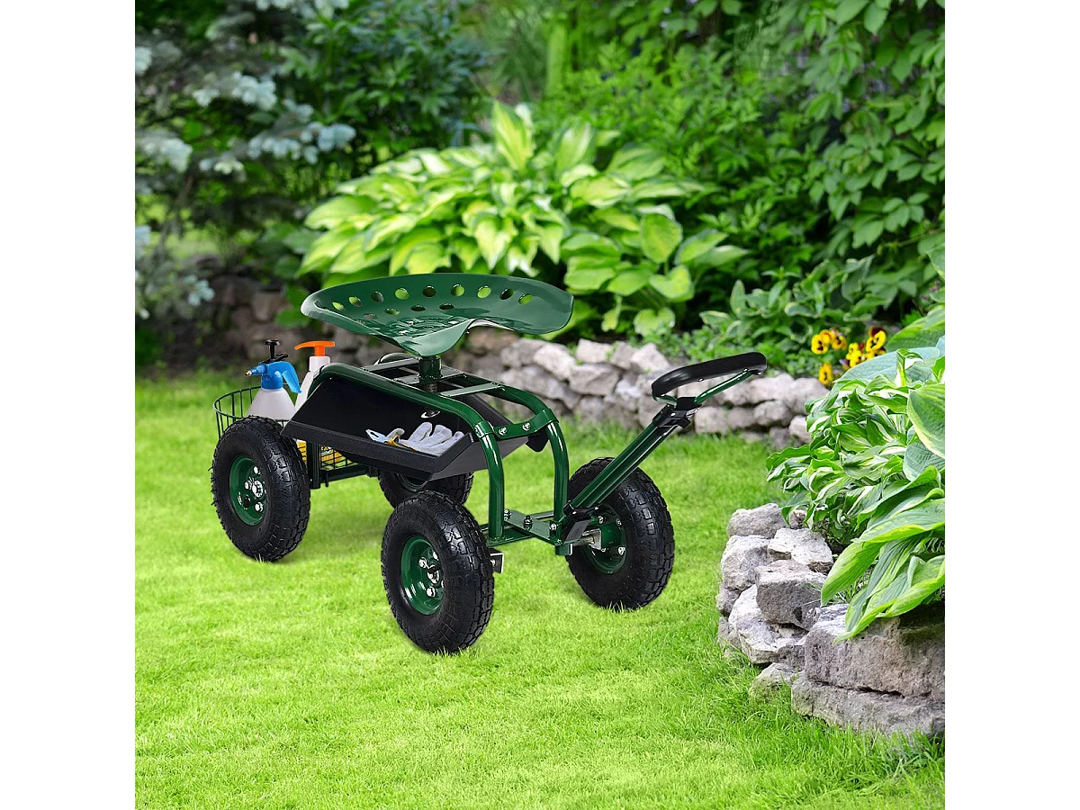 Rollsitz mit Rollen & Ausziehbarem Griff & Korb 360° Drehbare Gartenwagen Gartensitz 96,5 x 48,5 x 45,5-54,5 cm
