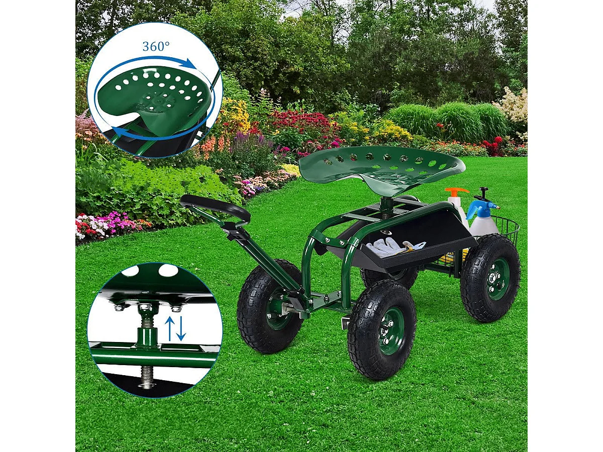 Rollsitz mit Rollen & Ausziehbarem Griff & Korb 360° Drehbare Gartenwagen Gartensitz 96,5 x 48,5 x 45,5-54,5 cm