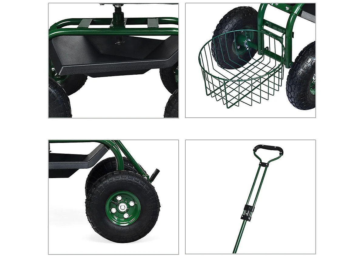 Rollsitz mit Rollen & Ausziehbarem Griff & Korb 360° Drehbare Gartenwagen Gartensitz 96,5 x 48,5 x 45,5-54,5 cm
