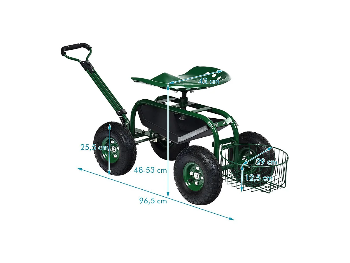Rollsitz mit Rollen & Ausziehbarem Griff & Korb 360° Drehbare Gartenwagen Gartensitz 96,5 x 48,5 x 45,5-54,5 cm