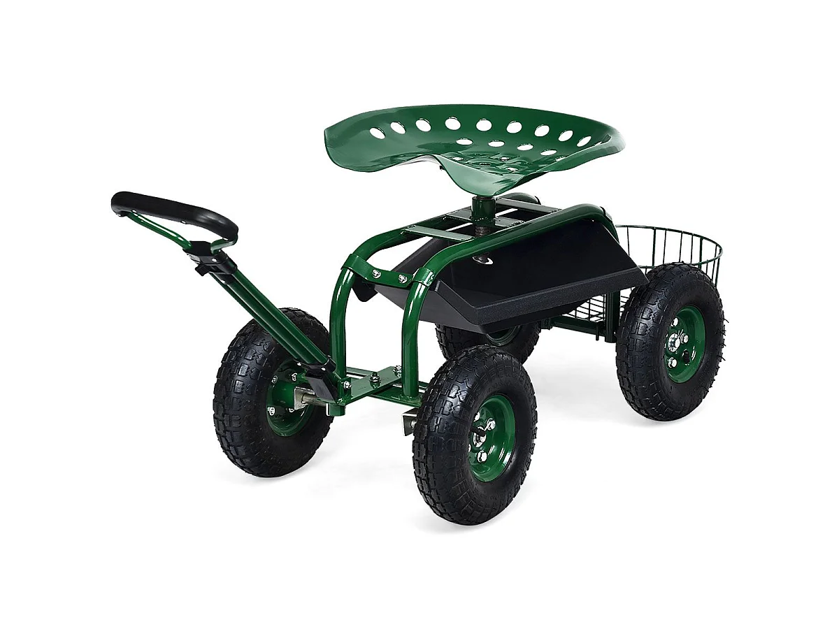 Rollsitz mit Rollen & Ausziehbarem Griff & Korb 360° Drehbare Gartenwagen Gartensitz 96,5 x 48,5 x 45,5-54,5 cm