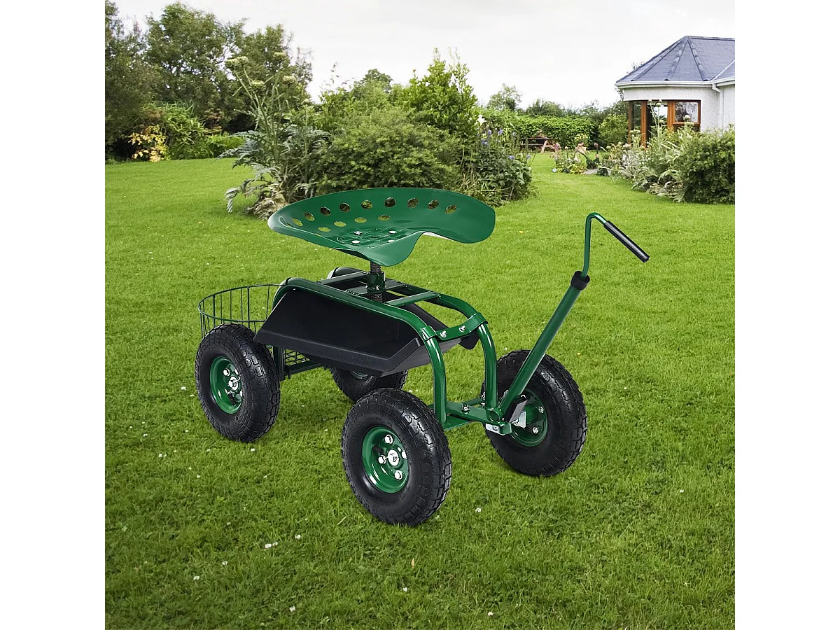 Rollsitz mit Rollen & Ausziehbarem Griff & Korb 360° Drehbare Gartenwagen Gartensitz 96,5 x 47,5 x 47-55 cm