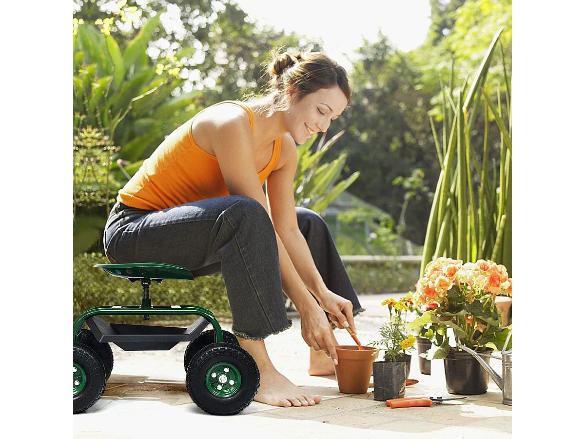 Rollsitz mit Rollen & Ausziehbarem Griff & Korb 360° Drehbare Gartenwagen Gartensitz 96,5 x 47,5 x 47-55 cm