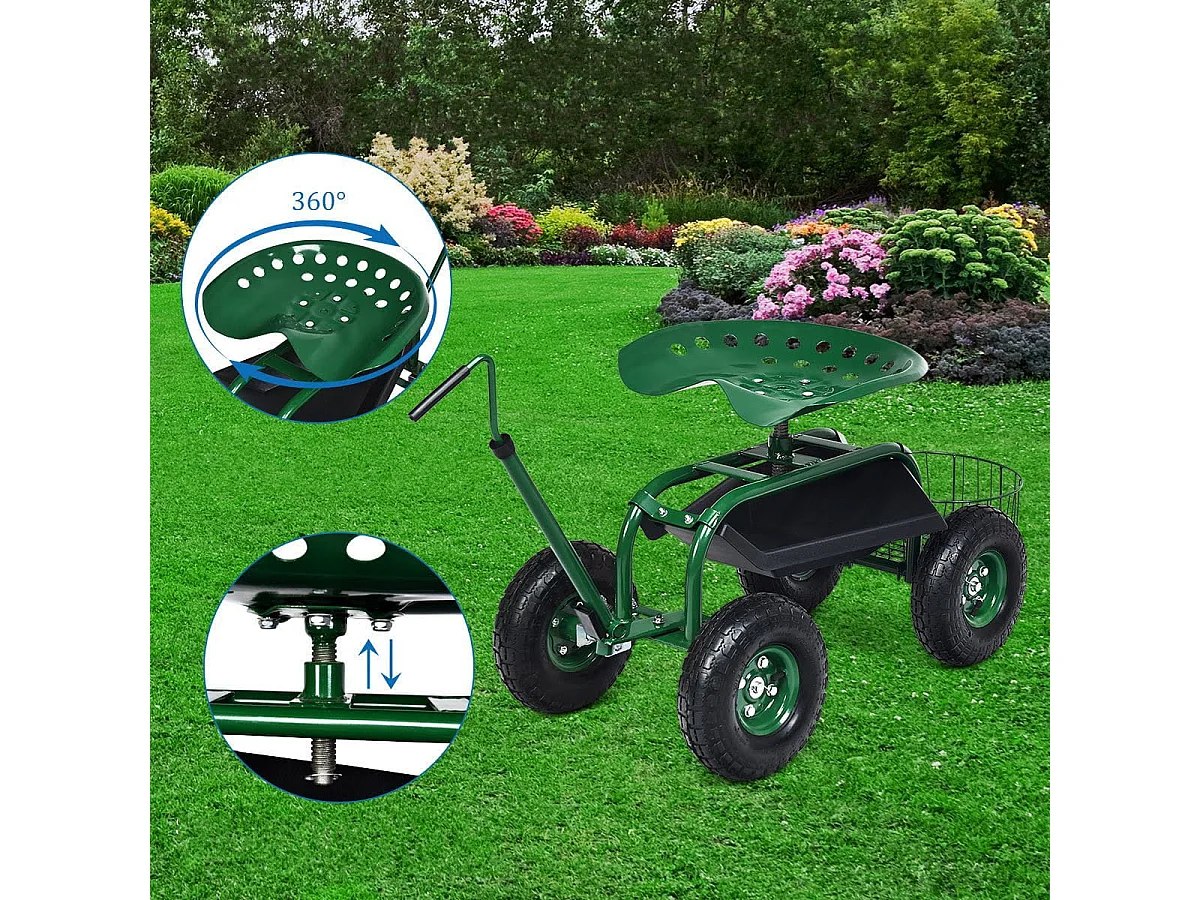Rollsitz mit Rollen & Ausziehbarem Griff & Korb 360° Drehbare Gartenwagen Gartensitz 96,5 x 47,5 x 47-55 cm