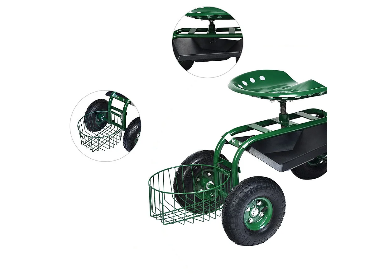 Rollsitz mit Rollen & Ausziehbarem Griff & Korb 360° Drehbare Gartenwagen Gartensitz 96,5 x 47,5 x 47-55 cm
