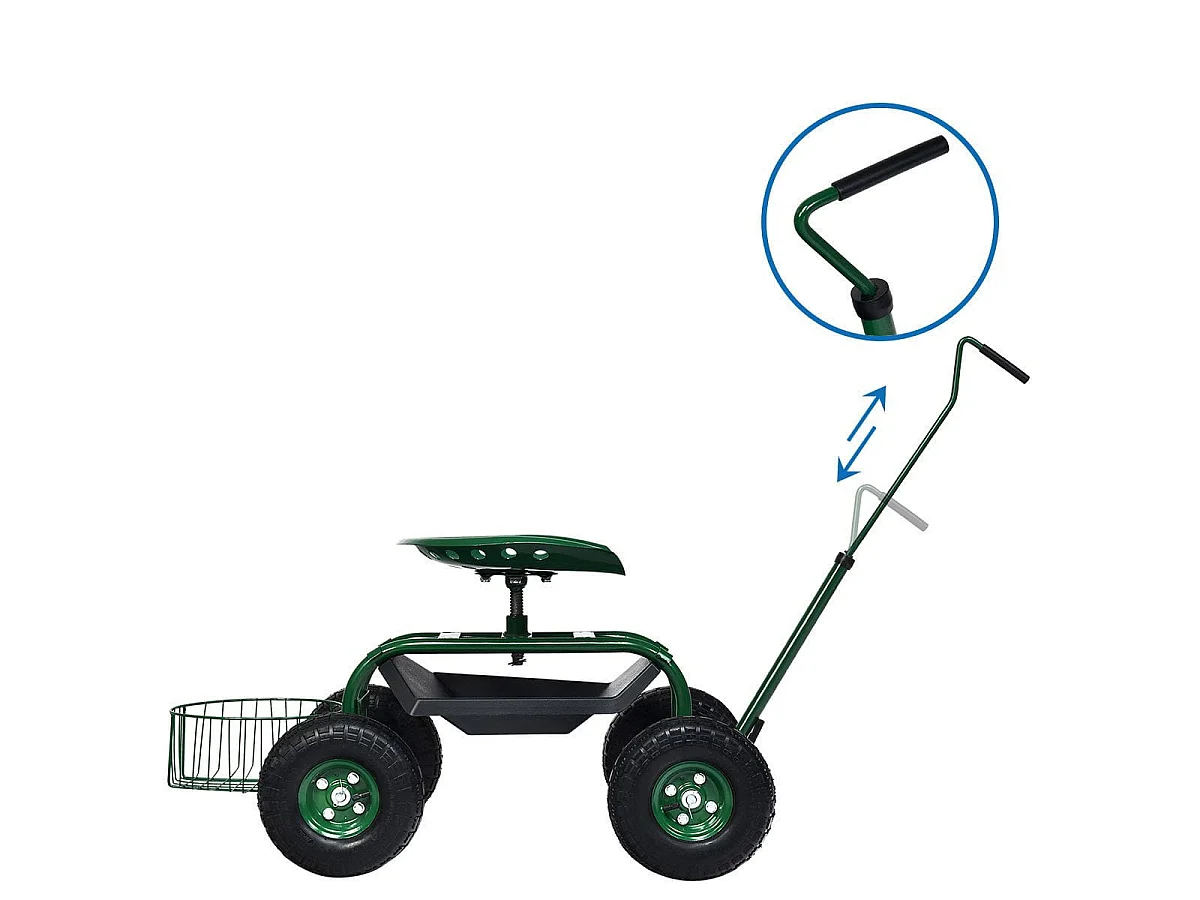 Rollsitz mit Rollen & Ausziehbarem Griff & Korb 360° Drehbare Gartenwagen Gartensitz 96,5 x 47,5 x 47-55 cm