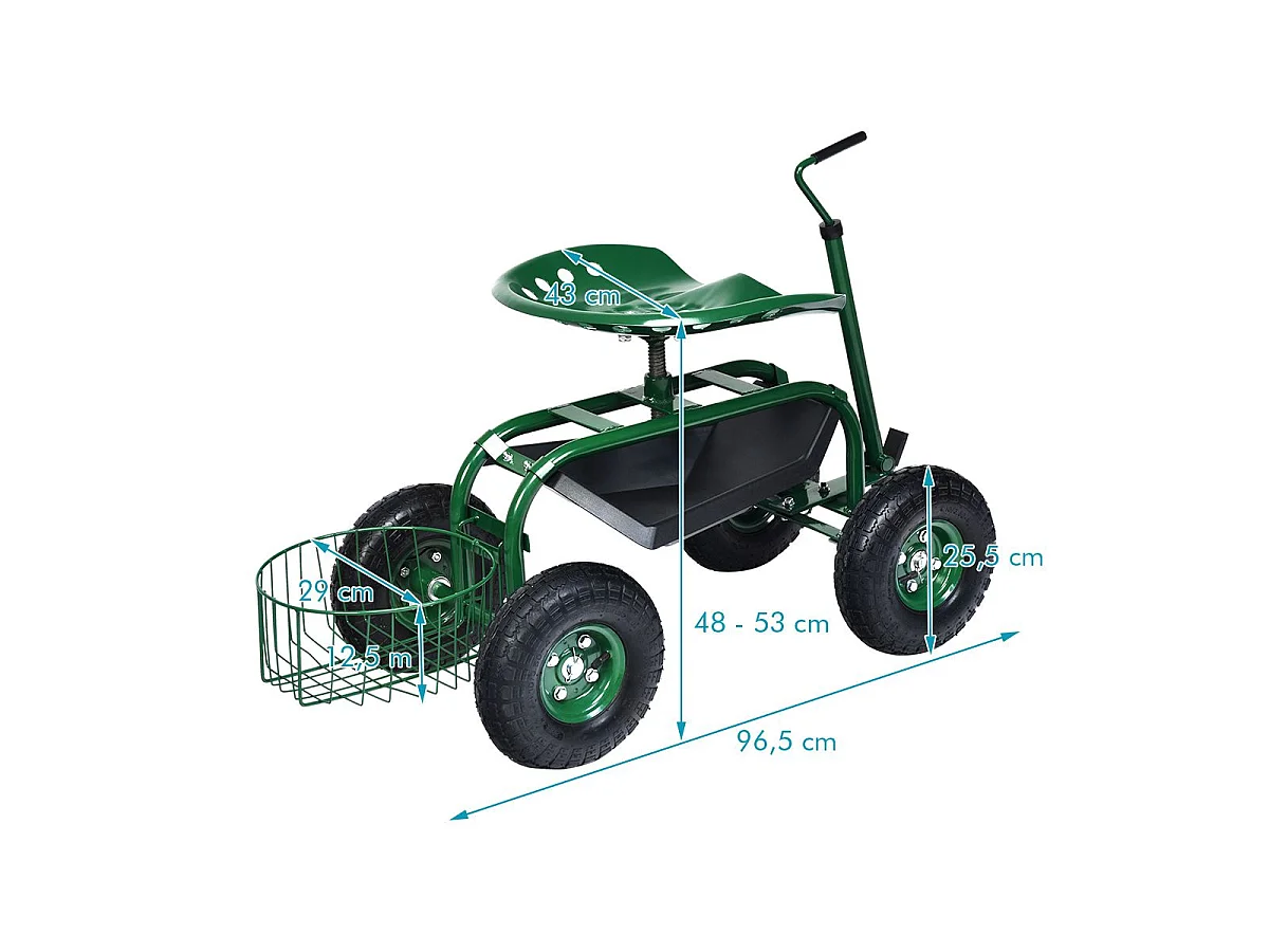Rollsitz mit Rollen & Ausziehbarem Griff & Korb 360° Drehbare Gartenwagen Gartensitz 96,5 x 47,5 x 47-55 cm