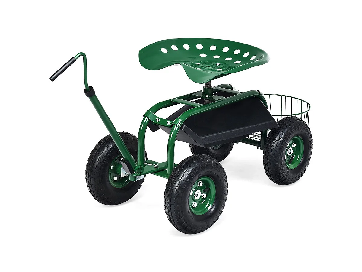 Rollsitz mit Rollen & Ausziehbarem Griff & Korb 360° Drehbare Gartenwagen Gartensitz 96,5 x 47,5 x 47-55 cm