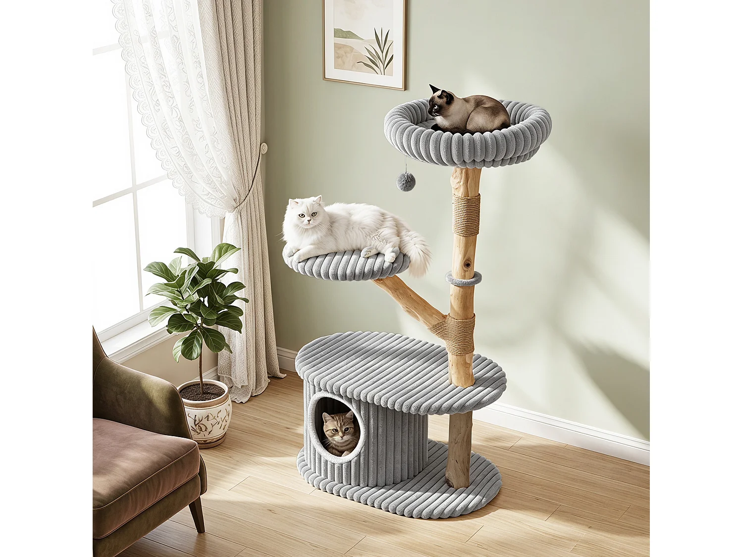 Kattklösbräda med hus och plattformar Kattstuga