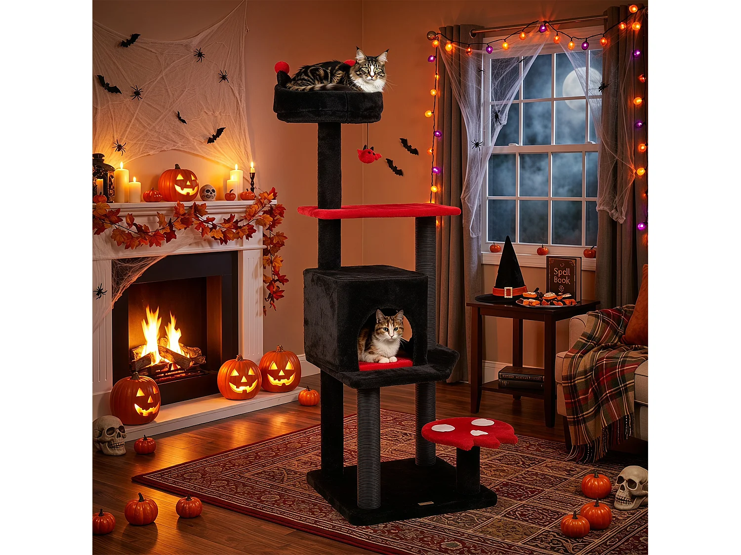 Kattklösbräda med sovplats i Halloween-stil – en grotta för katten
