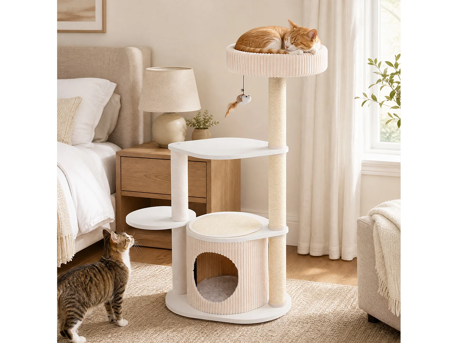 Kattklösbräda med hus och sovplats för katter – Kattgrotta med leksak