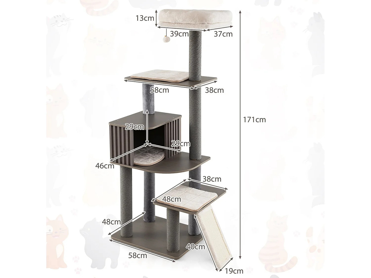 Mehrstufiger Kratzbaum für Katzen, Schlafplatz 171 cm