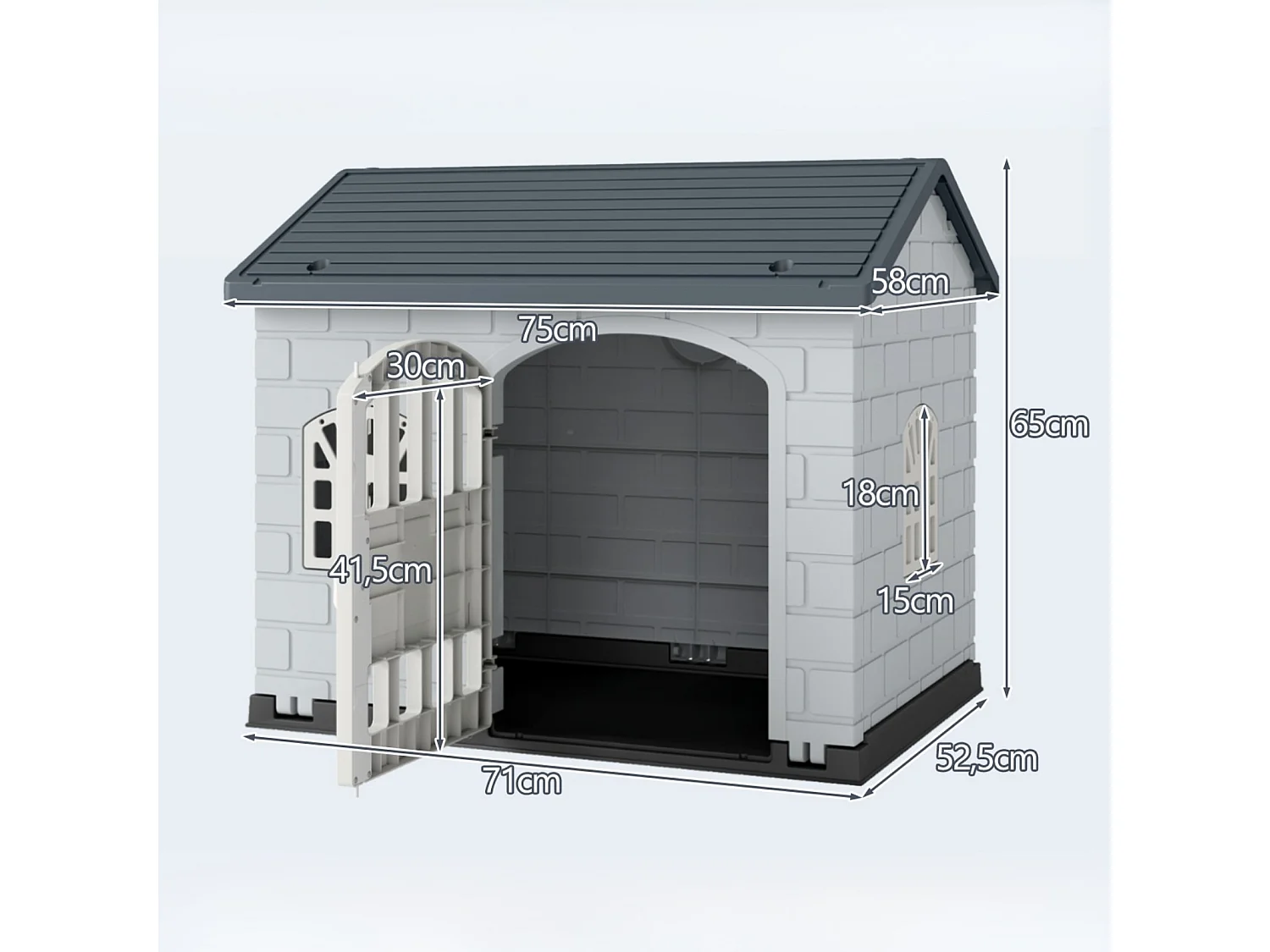 Kunststoff-Hundehütte mit schrägem Dach und Fenstern