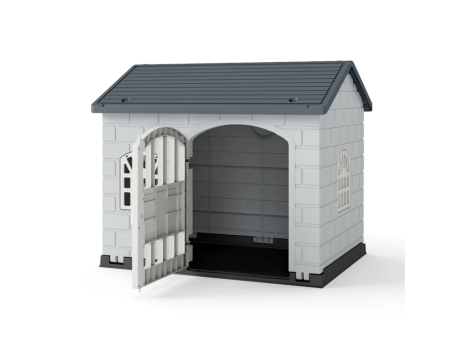 Kunststoff-Hundehütte mit schrägem Dach und Fenstern