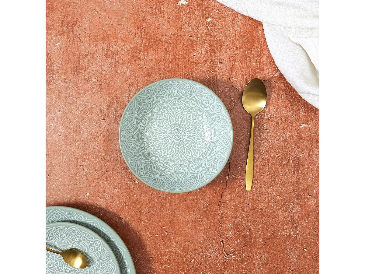 Set de 6 assiettes creuses en céramique verte motif mandala (Ø18,5 cm) - AKKA