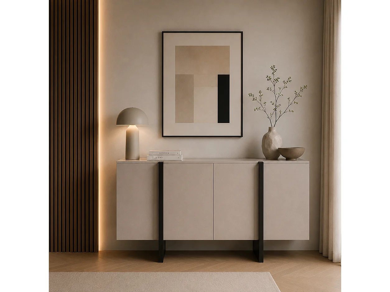 Impact Furniture Kiznie Modern Cashmere Beige Sideboard 140cm – 4 Doors & 1 Drawer Storage Cabinet with 16cm Legs