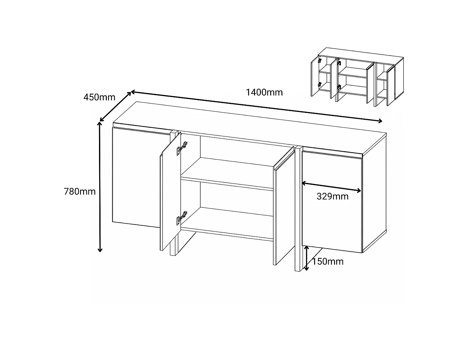 Impact Furniture Kiznie Modern Cashmere Beige Sideboard 140cm – 4 Doors & 1 Drawer Storage Cabinet with 16cm Legs