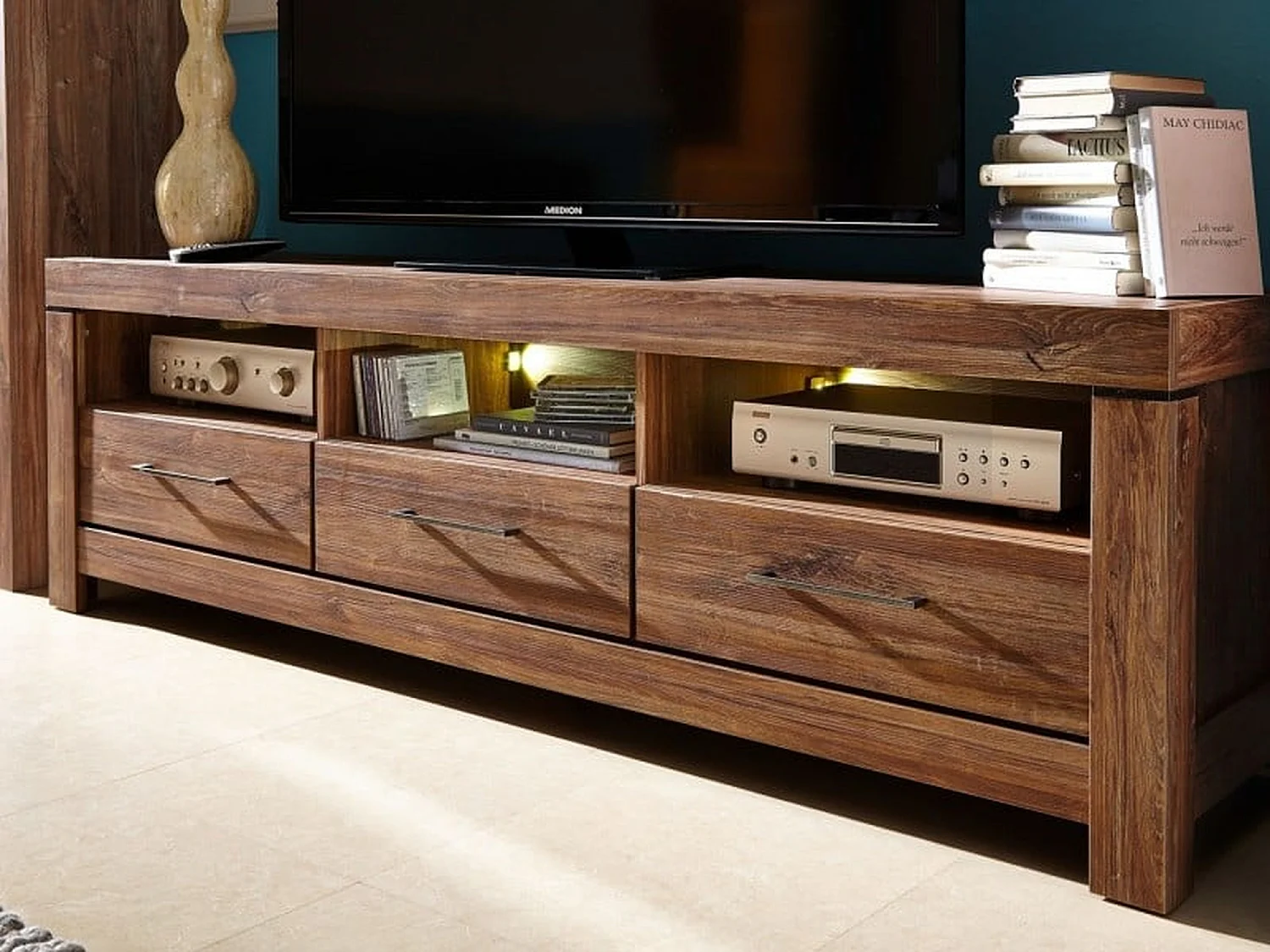 Gent 200 cm Oak Effect Wide TV Unit with LED Lighting, 3 Soft-Close Drawers & Open Shelves Fits 55–75 inch TVs