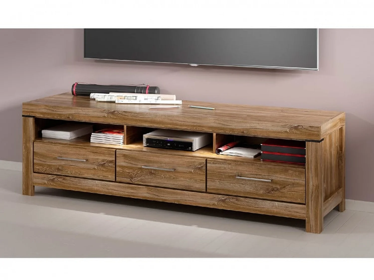 Gent 200 cm Oak Effect Wide TV Unit with LED Lighting, 3 Soft-Close Drawers & Open Shelves Fits 55–75 inch TVs