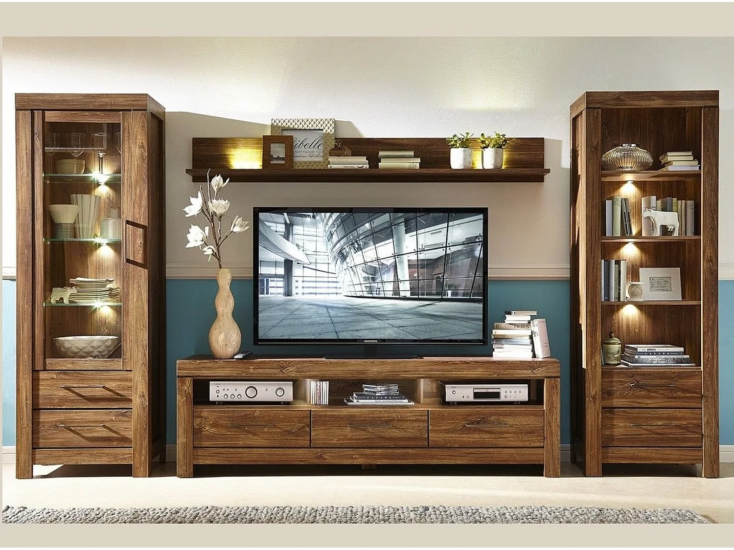 Gent 200 cm Oak Effect Wide TV Unit with LED Lighting, 3 Soft-Close Drawers & Open Shelves Fits 55–75 inch TVs