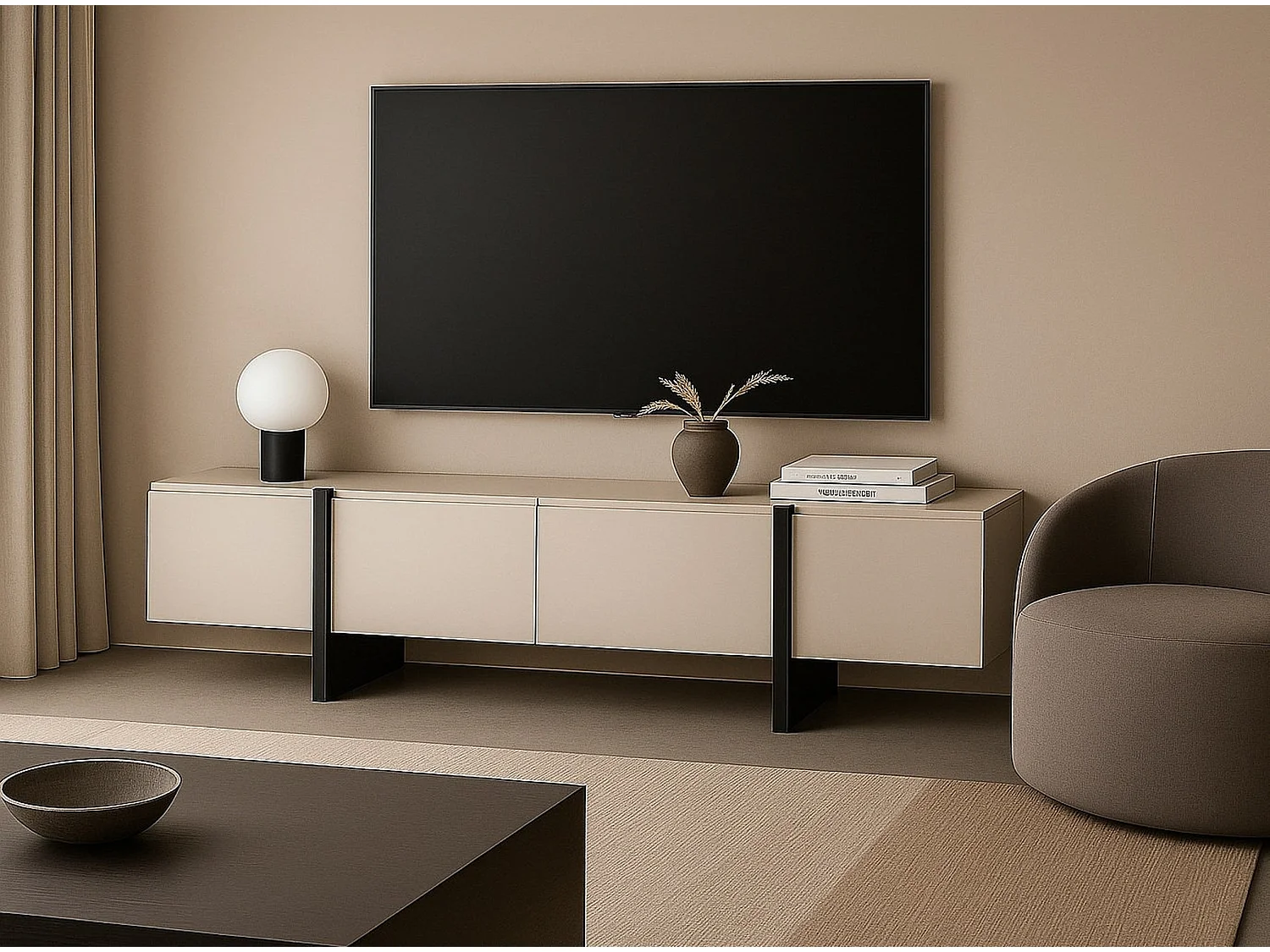 Lowboard Cashmere Beige Black TV Cabinet Entertainment Unit 160cm Stand Handleless Modern Kiznie