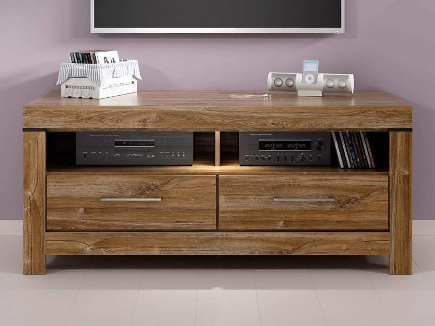 Small TV Unit with Drawer Modern Media Cabinet 139cm Short TV Entertainment Stand LED Medium Oak - Gent