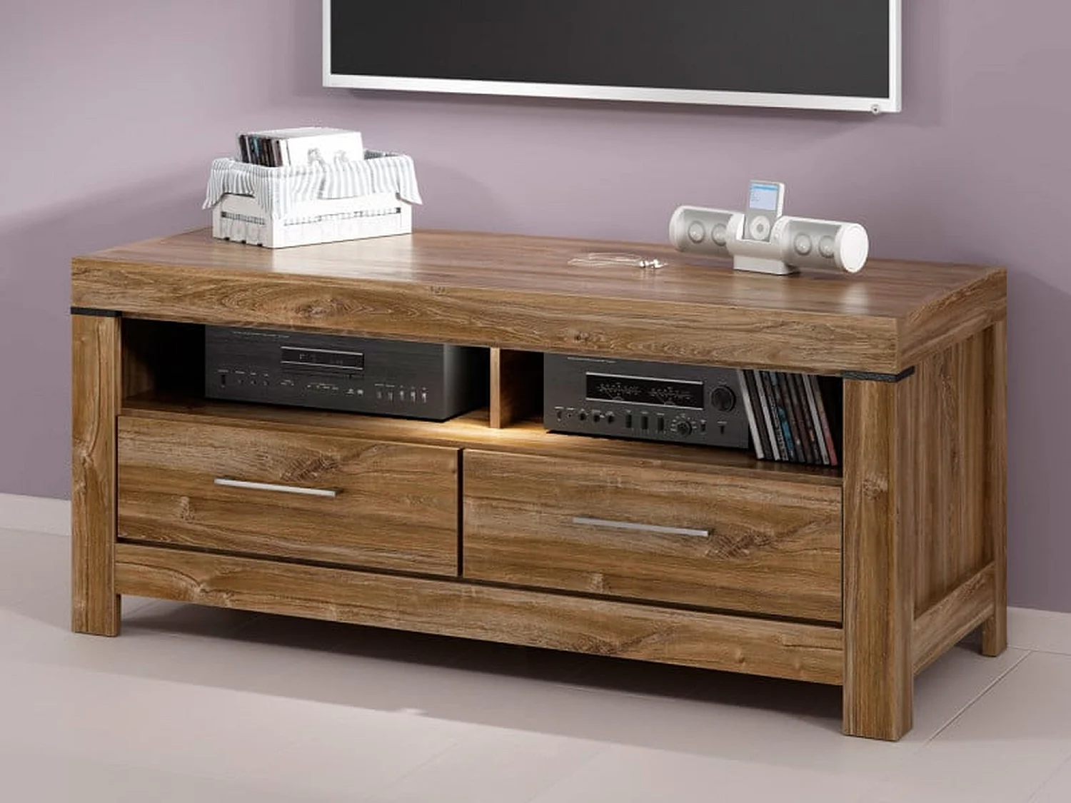 Small TV Unit with Drawer Modern Media Cabinet 139cm Short TV Entertainment Stand LED Medium Oak - Gent