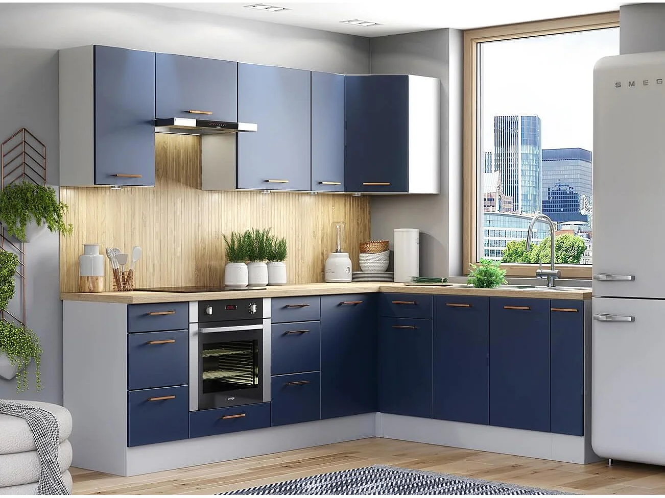 Kitchen Corner Cabinet Wall Unit 600mm Complete Cupboard Dark Navy Blue L Shaped Nora