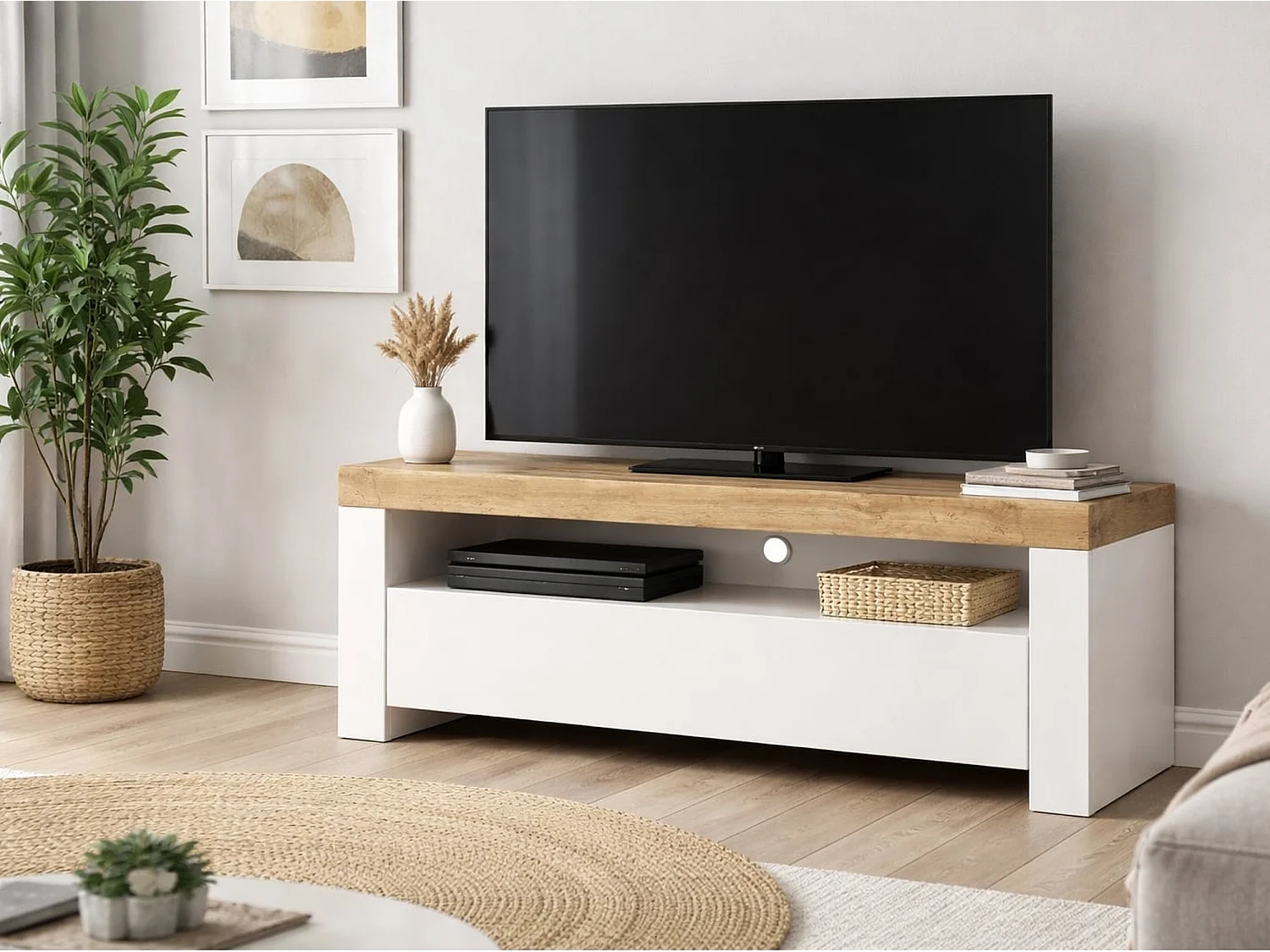 Holten Small TV Cabinet White Gloss & Oak Effect 1 Drawer Fits up to 43-inch TV