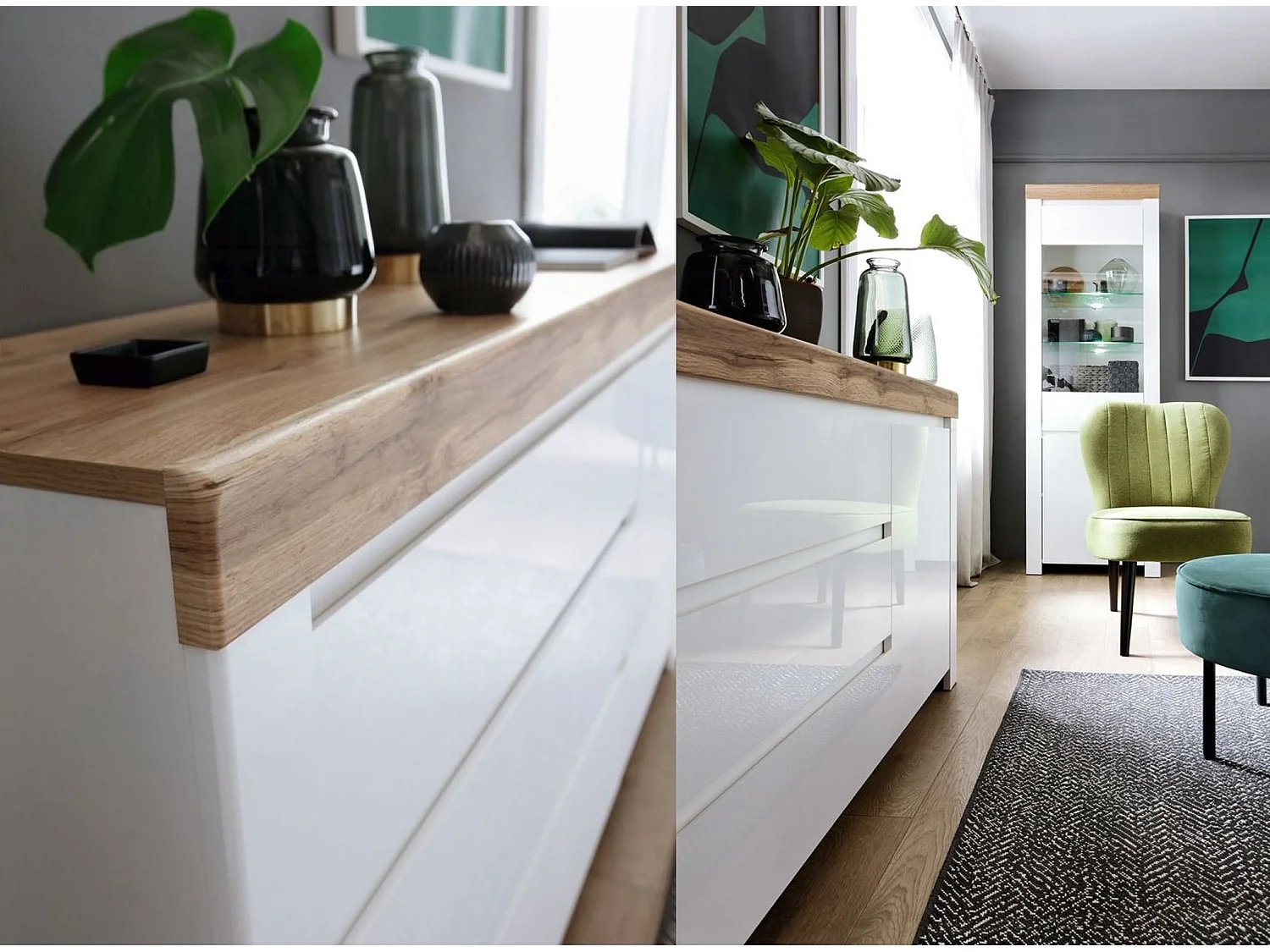 Holten Small TV Cabinet White Gloss & Oak Effect 1 Drawer Fits up to 43-inch TV