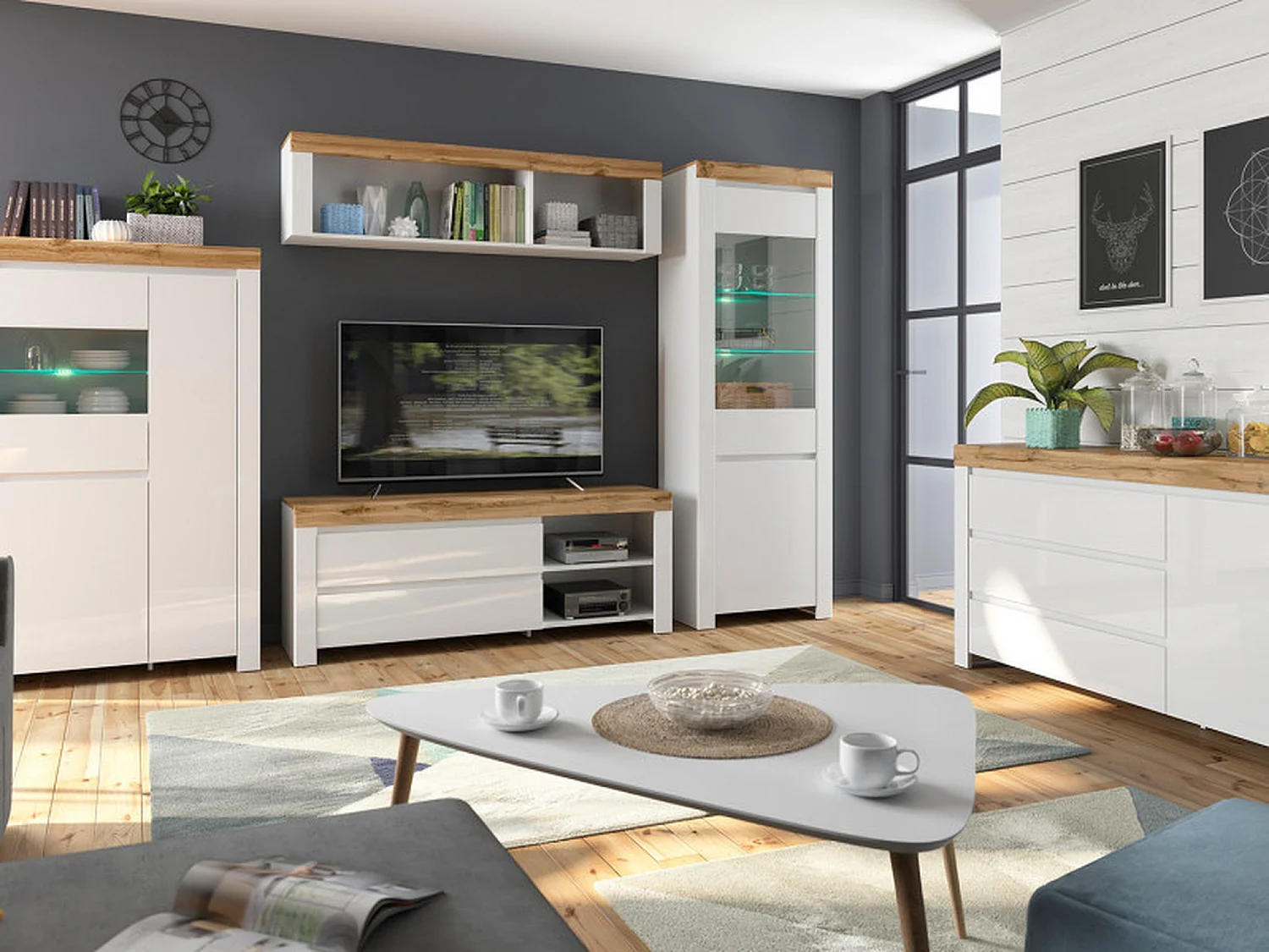 Holten Small TV Cabinet White Gloss & Oak Effect 1 Drawer Fits up to 43-inch TV