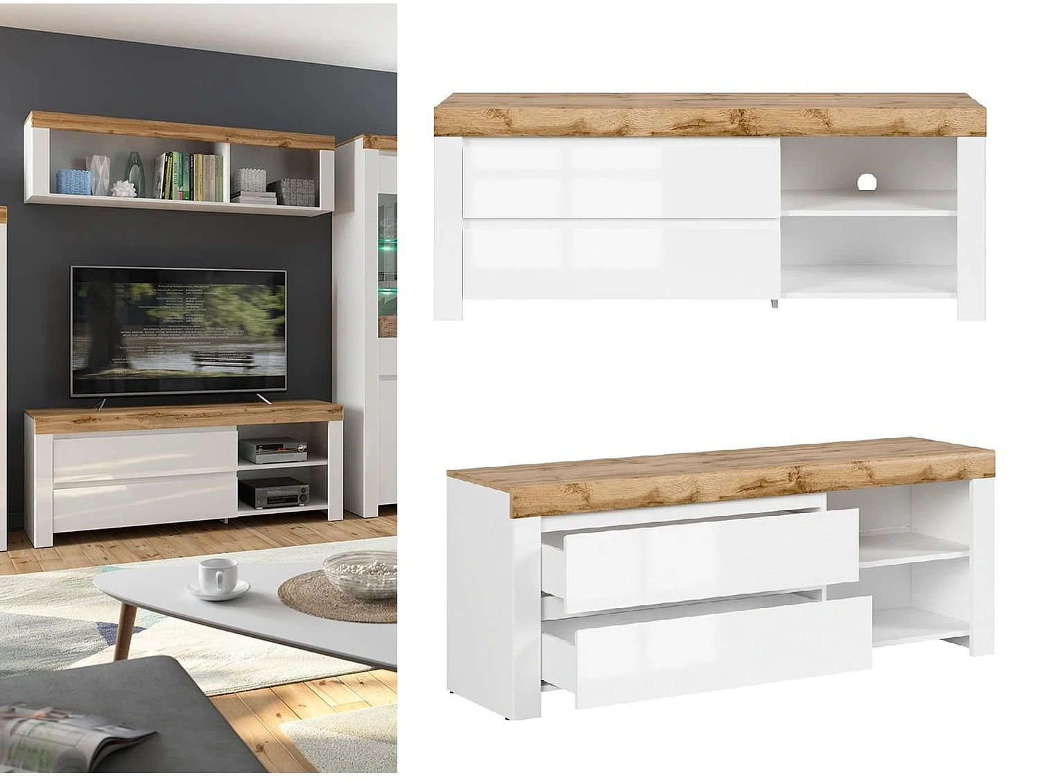 Holten 156cm TV Cabinet — 2-Drawer Media Unit in White Gloss & Oak Effect
