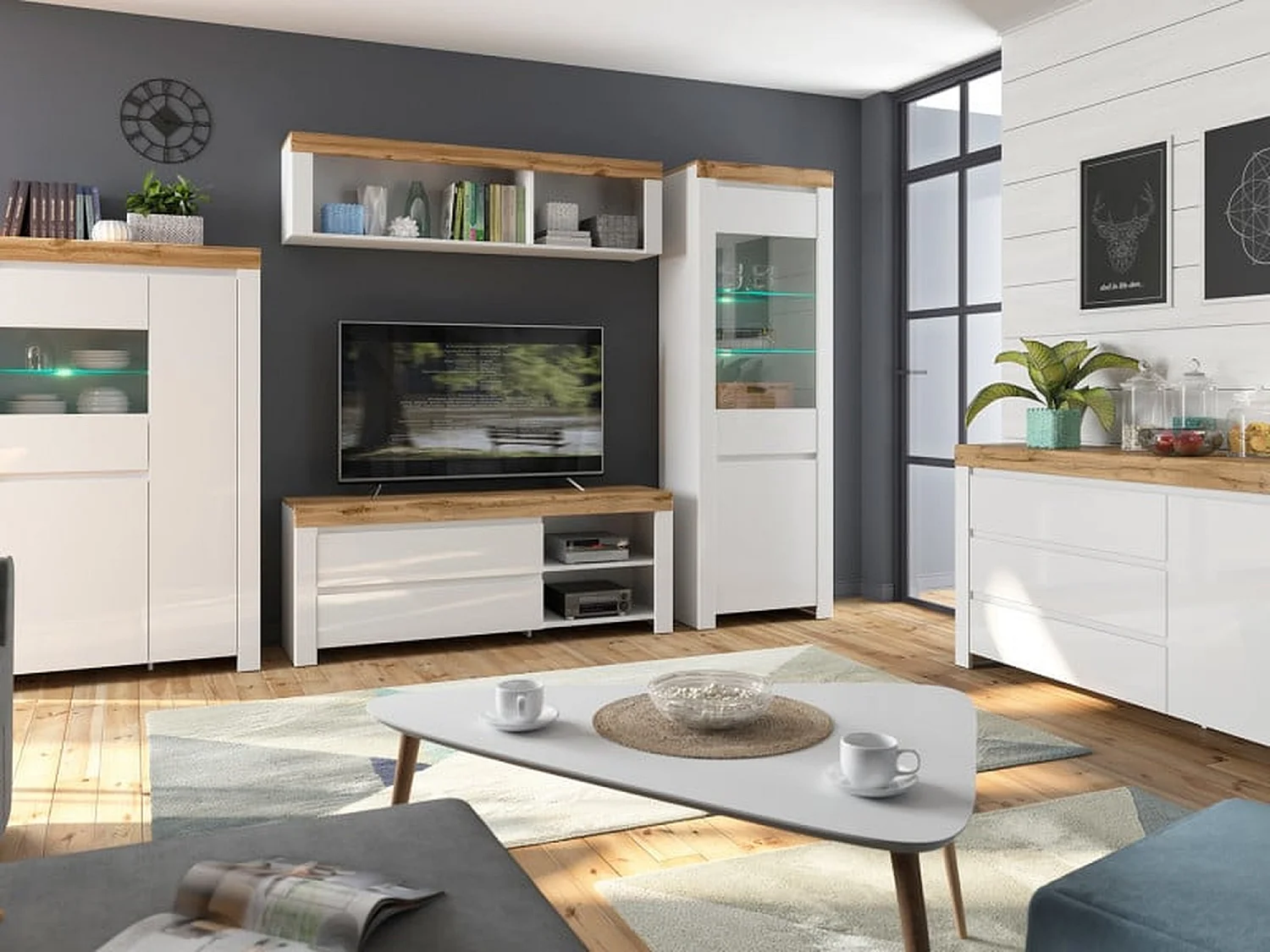 Holten 156cm TV Cabinet — 2-Drawer Media Unit in White Gloss & Oak Effect