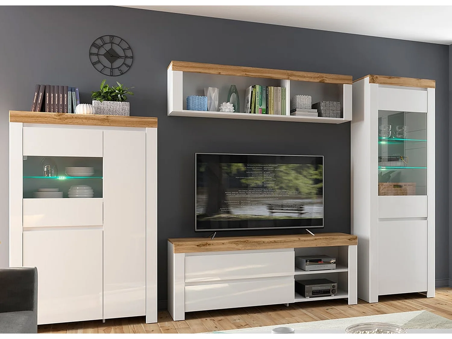Holten 156cm TV Cabinet — 2-Drawer Media Unit in White Gloss & Oak Effect