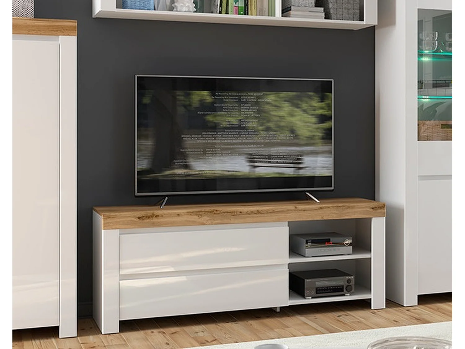 Holten 156cm TV Cabinet — 2-Drawer Media Unit in White Gloss & Oak Effect