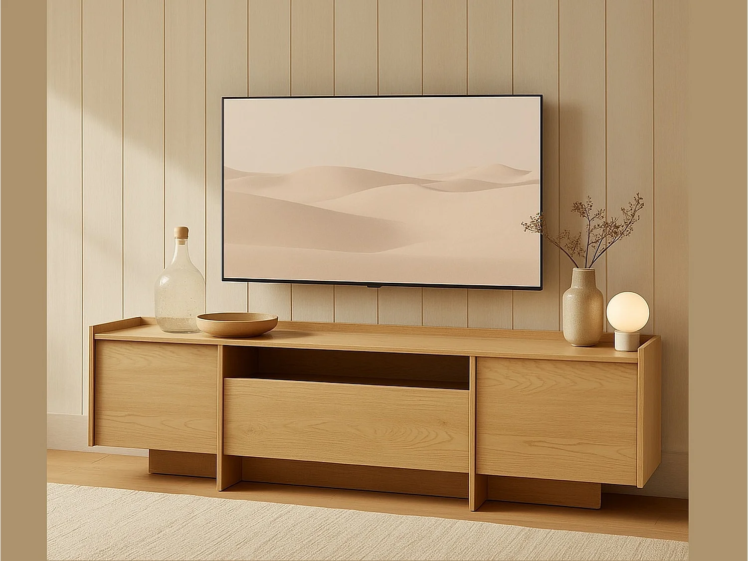 Japandi TV Unit 197cm Cremona White Washed Oak 3-Door Lowboard for up to 80-inch TV