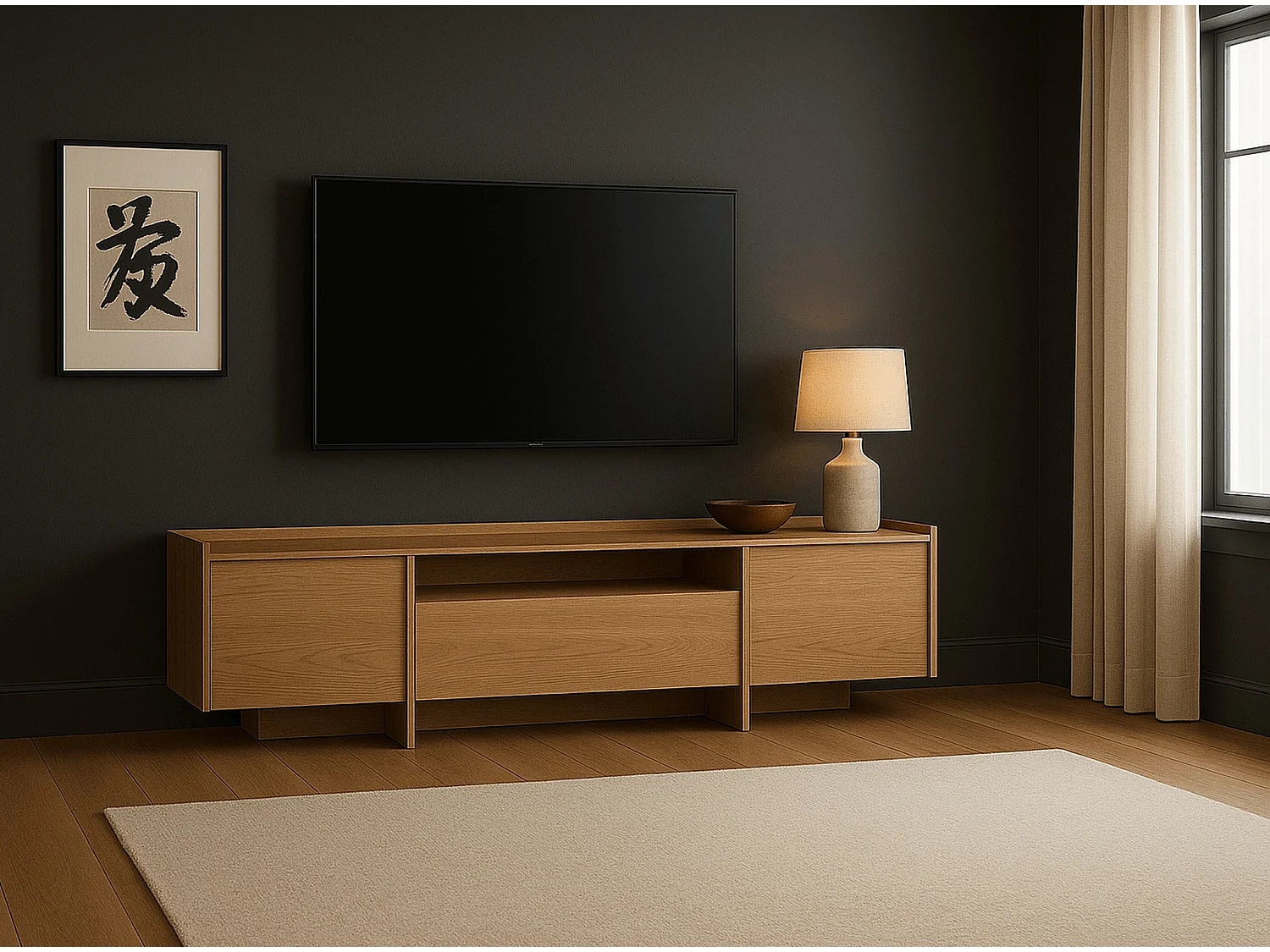 Japandi TV Unit 197cm Cremona White Washed Oak 3-Door Lowboard for up to 80-inch TV