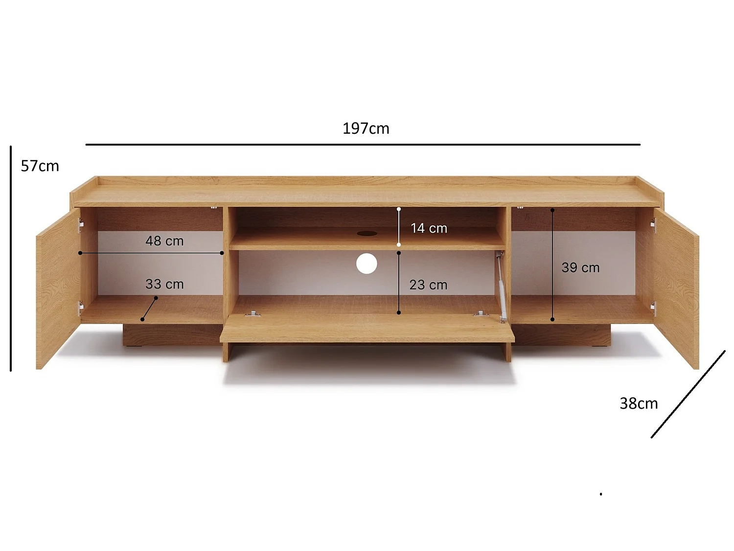 Japandi TV Unit 197cm Cremona White Washed Oak 3-Door Lowboard for up to 80-inch TV