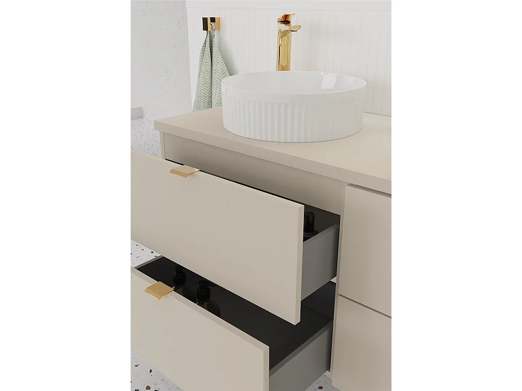 Bathroom Vanity Unit Beige Cabinet with Worktop 600mm Wall Hung Countertop Floating 2 Drawer Under Sink Storage Dalia