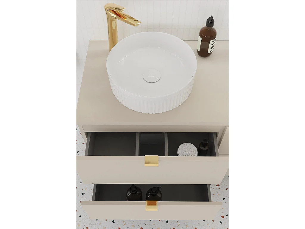 Bathroom Vanity Unit Beige Cabinet with Worktop 600mm Wall Hung Countertop Floating 2 Drawer Under Sink Storage Dalia