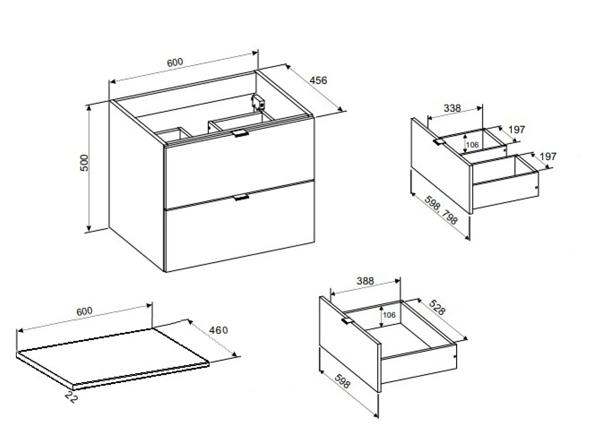 Bathroom Vanity Unit Beige Cabinet with Worktop 600mm Wall Hung Countertop Floating 2 Drawer Under Sink Storage Dalia