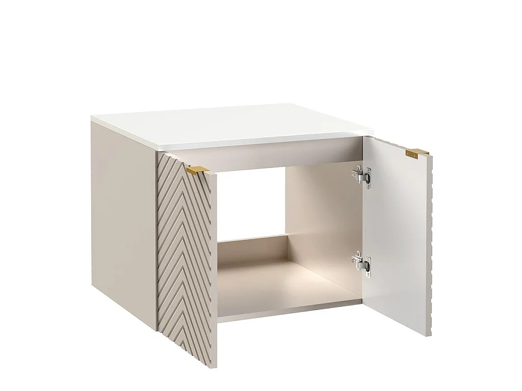 Beige Vanity Unit with Worktop 600mm White Countertop Wall Hung Bathroom Cabinet Fluted Cashmere Cara