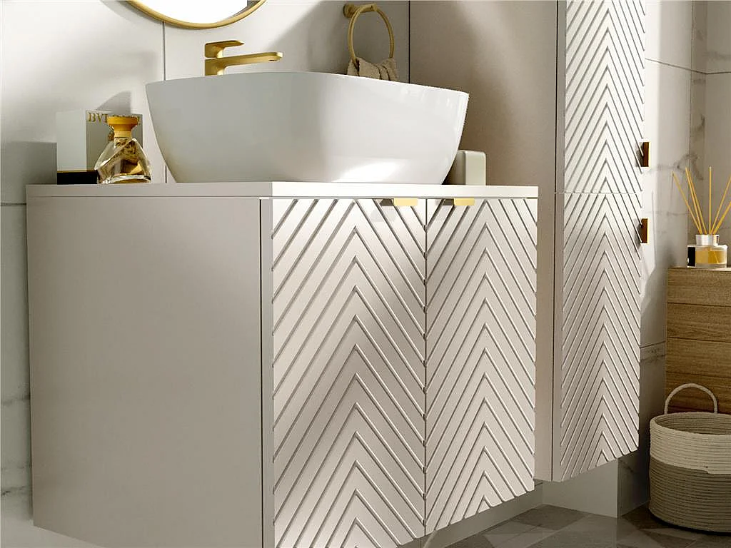 Beige Vanity Unit with Worktop 600mm White Countertop Wall Hung Bathroom Cabinet Fluted Cashmere Cara