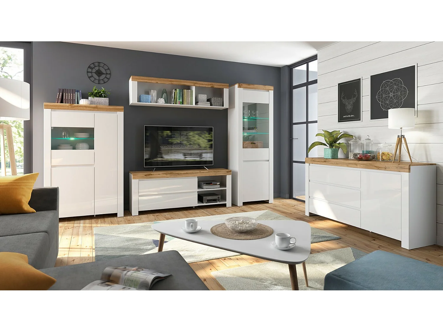 Wall Shelf Cabinet Display Storage Open Panel Unit White Gloss Oak Effect Holten